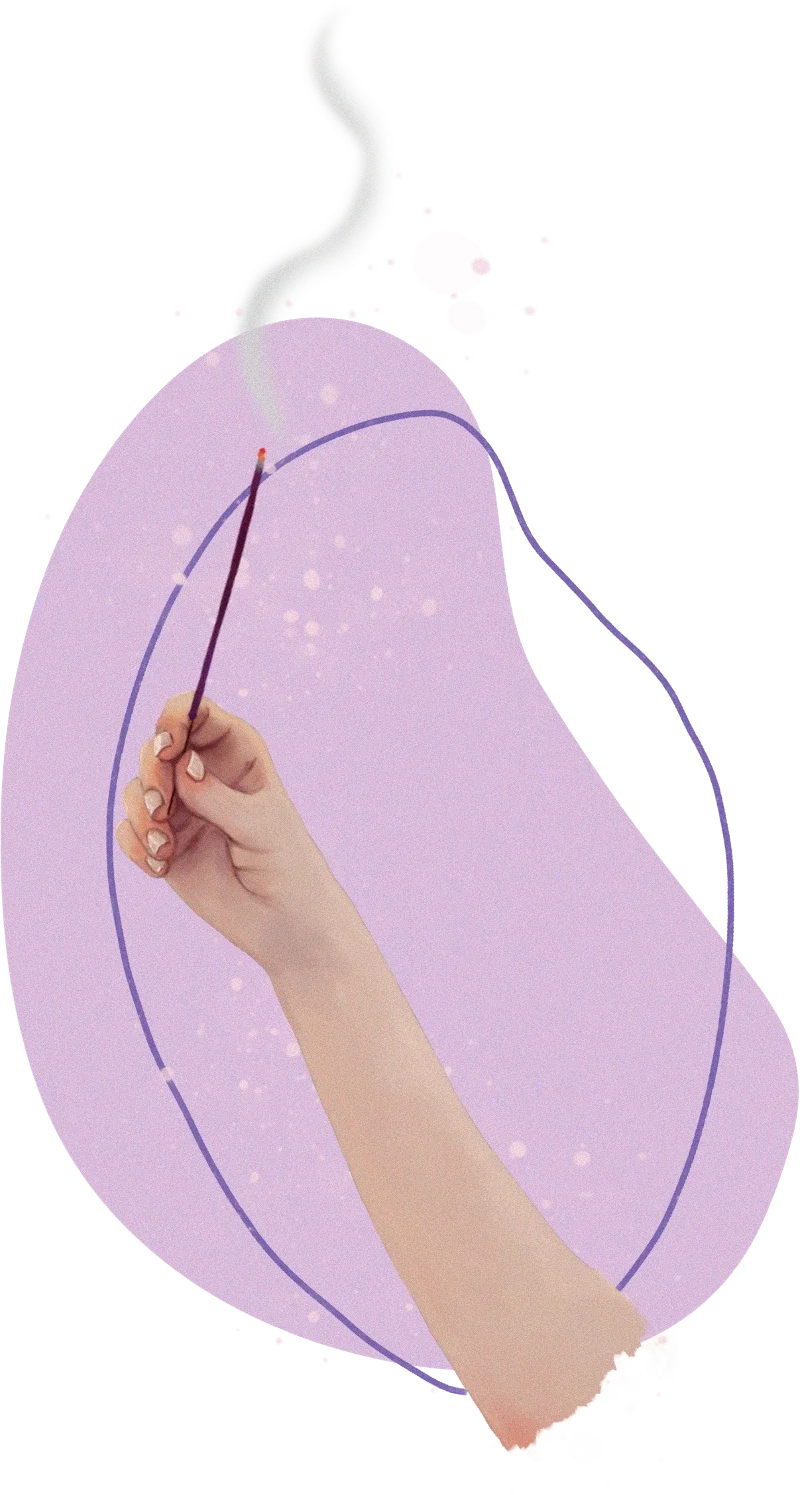 Illustration à l’aquarelle d’une main tenant un bâton d’encens qui fume