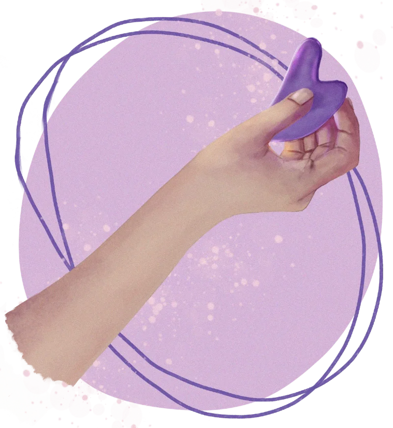 Illustration à l’aquarelle d’une main tenant une pierre de gua sha violette
