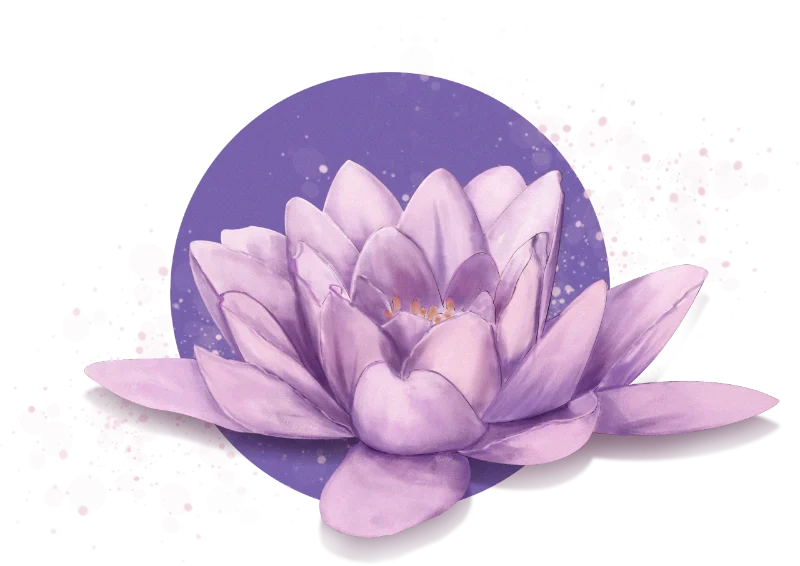 Illustration à l’aquarelle d’une fleur de lotus mauve devant un disque violet